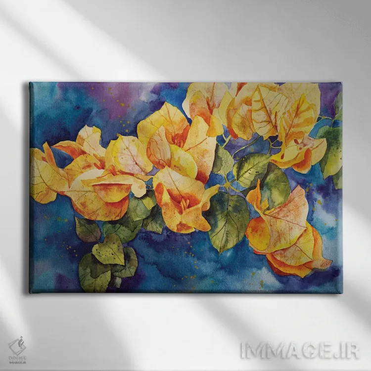 تابلو گل کاغذی زرد (بوگنویلیا) اثر دلنارا ال - نمای روبهرو روی دیوار