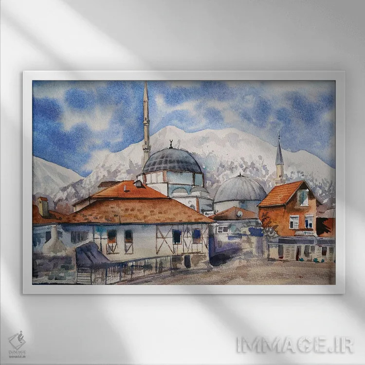 تابلو روستای ترکی در کوهستان اثر دلنارا ال - نمای قابدار سفید