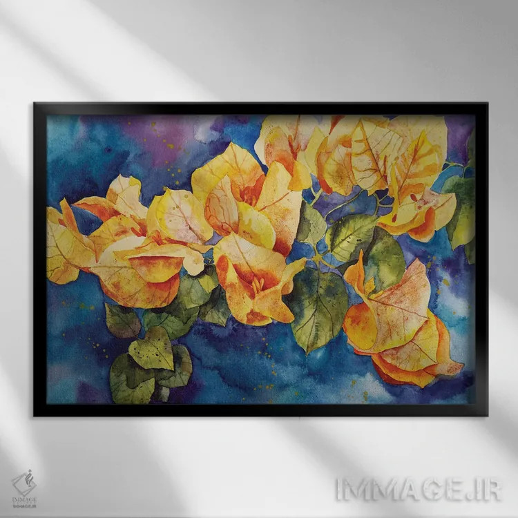 تابلو گل کاغذی زرد (بوگنویلیا) اثر دلنارا ال - نمای قابدار مشکی