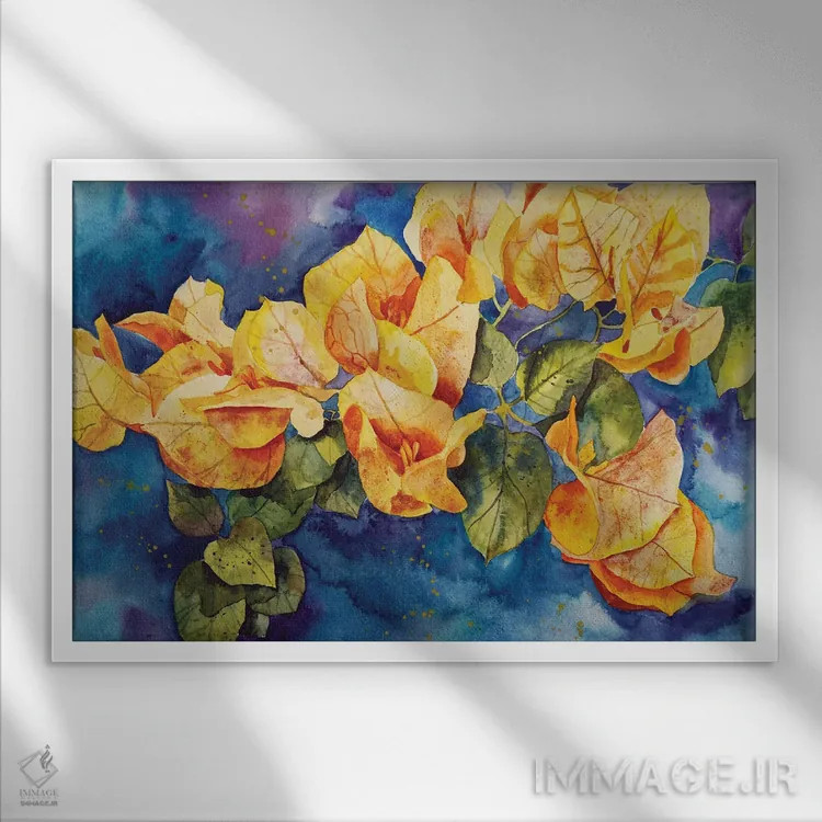 تابلو گل کاغذی زرد (بوگنویلیا) اثر دلنارا ال - نمای قابدار سفید