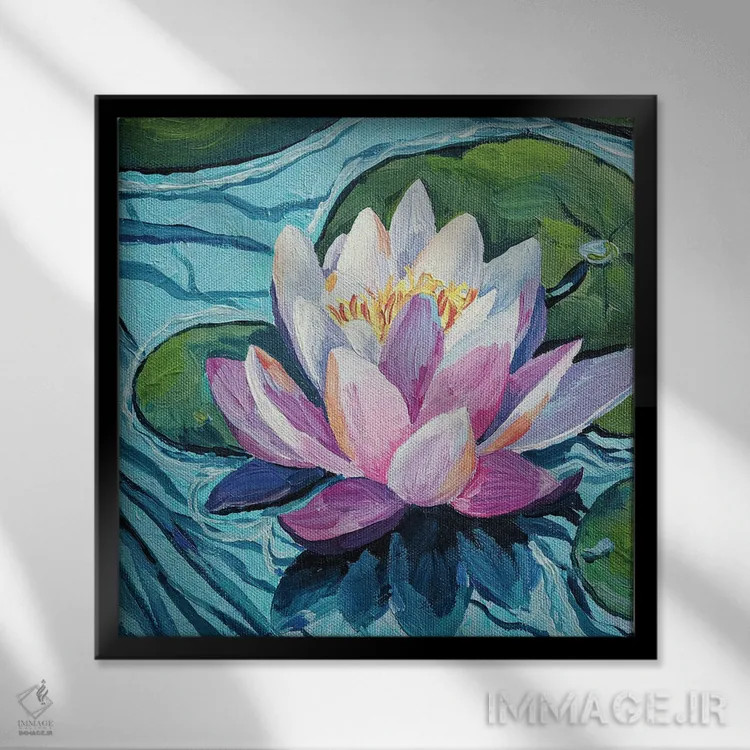 تابلو گل زیبای نیلوفر آبی اثر دلنارا ال - نمای قابدار مشکی