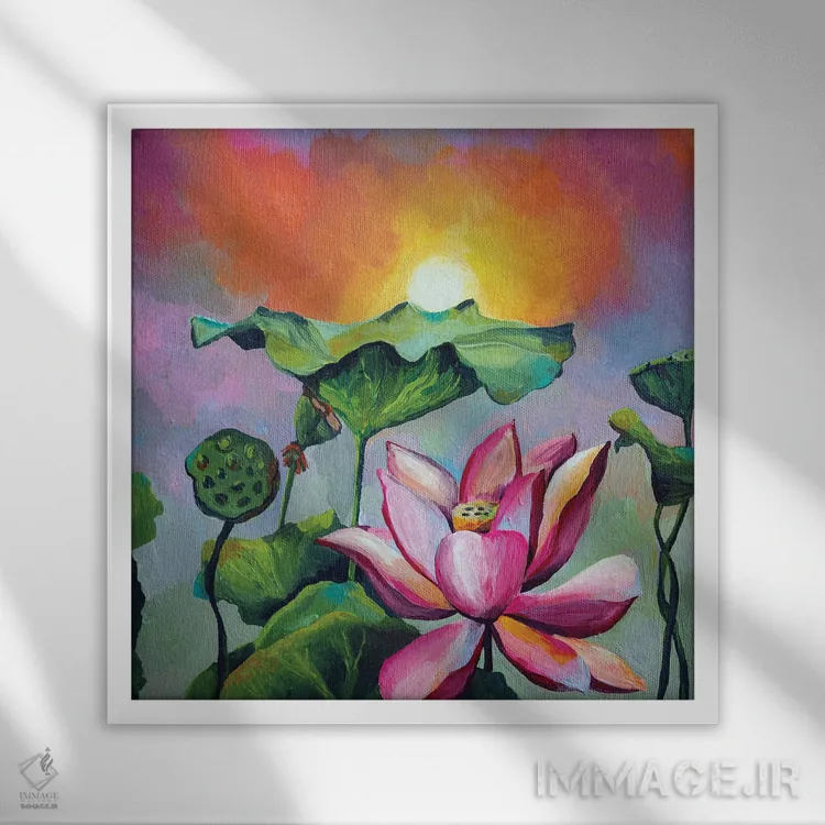 تابلو نیلوفر آبی آفتابی اثر دلنارا ال - نمای قابدار سفید