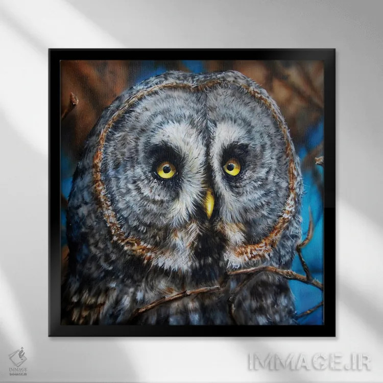 تابلو جغد خاکستری بزرگ اثر درک تورکوت - نمای قابدار مشکی