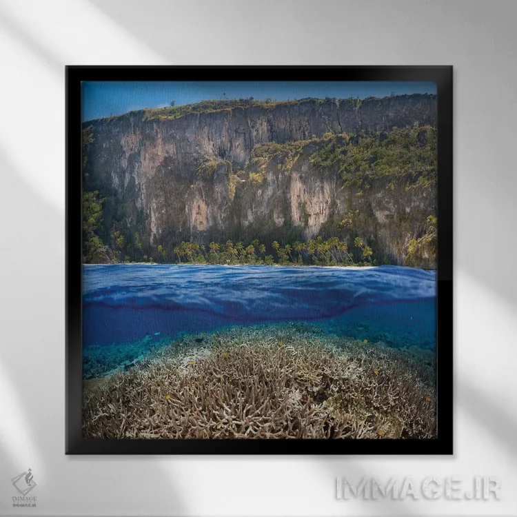 تابلو منظره دوگانه با صخره مرجانی و جزیره اندونزیایی اثر دیوید فلیتهام - نمای قابدار مشکی