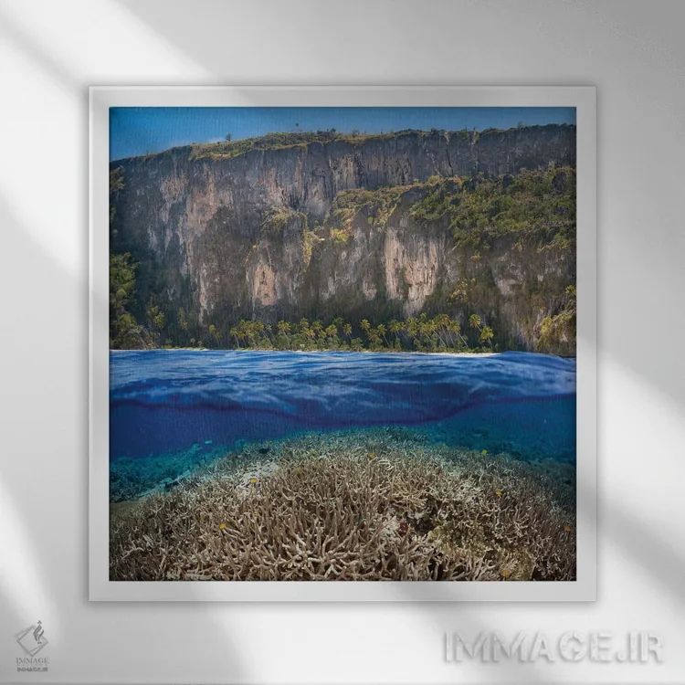 تابلو منظره دوگانه با صخره مرجانی و جزیره اندونزیایی اثر دیوید فلیتهام - نمای قابدار سفید