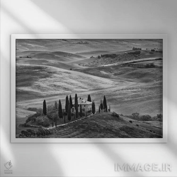 تابلو San Quirico d'Orcia, Siena Province, Tuscany Region, Italy,منظره روستایی سیاه و سفید، سنکوئریکو دورچیا، استان سیهنا، منطقه توسکانی، ایتالیا اثر دنیس فلهرتی - نمای قابدار سفید