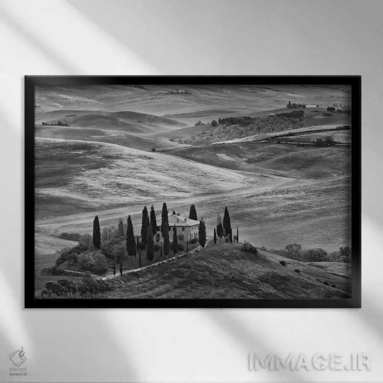 تابلو San Quirico d'Orcia, Siena Province, Tuscany Region, Italy,منظره روستایی سیاه و سفید، سنکوئریکو دورچیا، استان سیهنا، منطقه توسکانی، ایتالیا اثر دنیس فلهرتی - نمای قابدار مشکی
