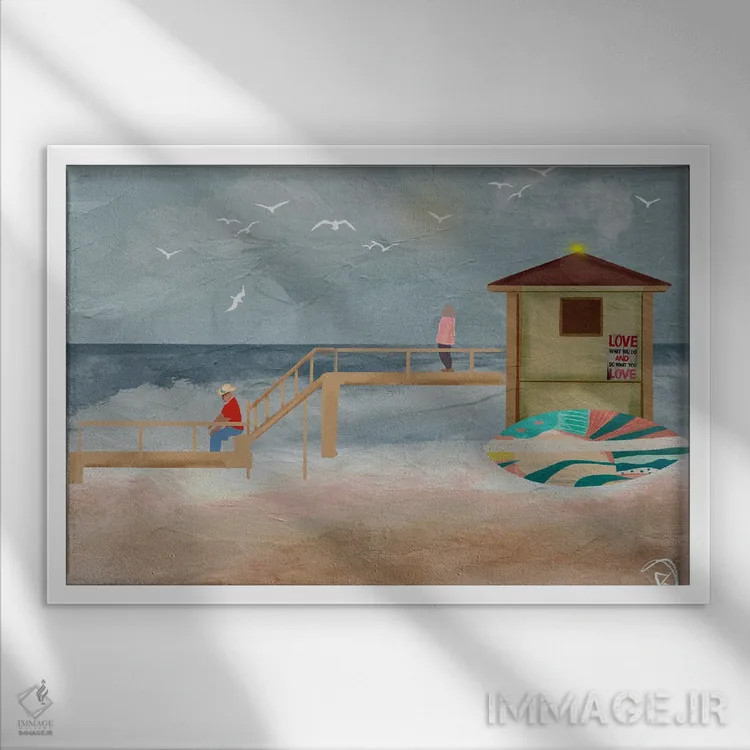 تابلو زوجی در ساحل اثر دارلا فرارا - نمای قابدار سفید