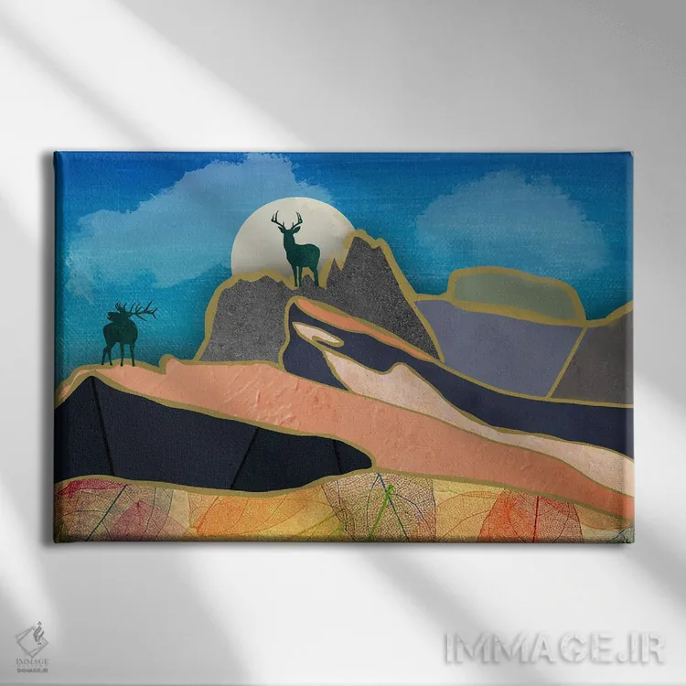 تابلو گوزنها روی کوهستان اثر دارلا فرارا - نمای روبهرو روی دیوار