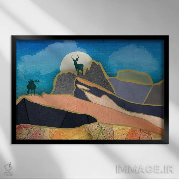 تابلو گوزنها روی کوهستان اثر دارلا فرارا - نمای قابدار مشکی
