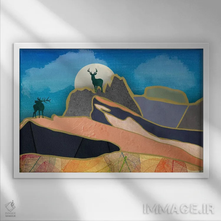 تابلو گوزنها روی کوهستان اثر دارلا فرارا - نمای قابدار سفید