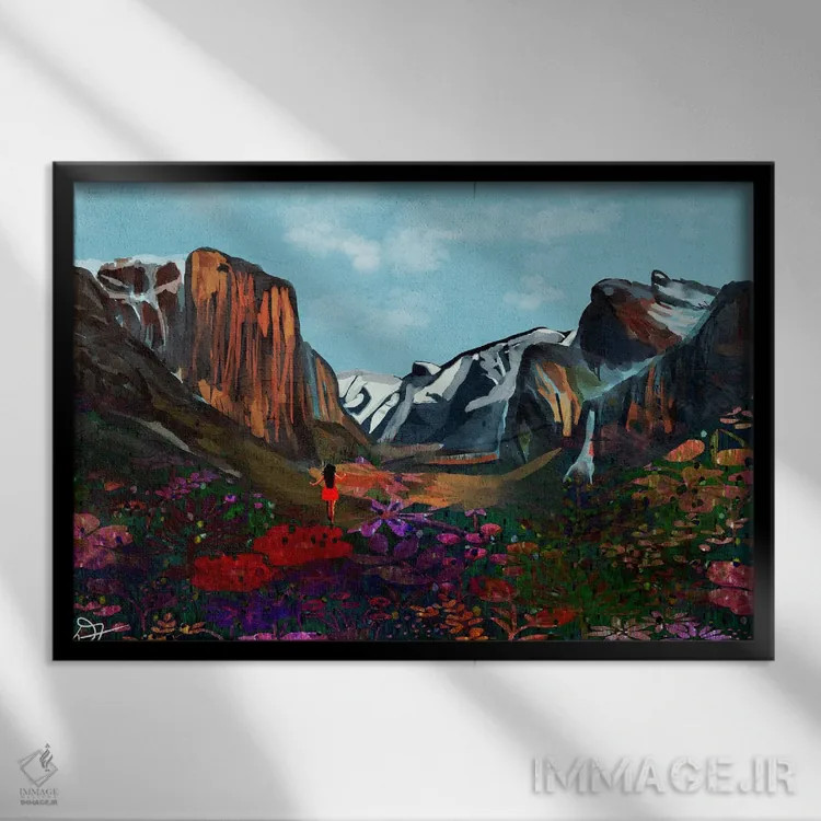 تابلو کوهستان و گلها اثر دارلا فرارا - نمای قابدار مشکی