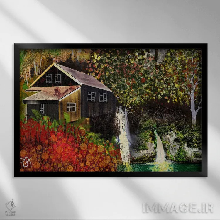 تابلو کلبه در جنگل اثر دارلا فرارا - نمای قابدار مشکی