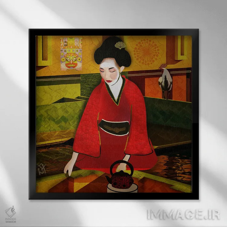 تابلو چای با گیشا اثر دارلا فرارا - نمای قابدار مشکی