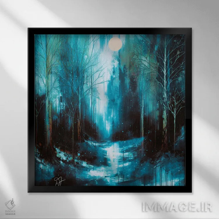 تابلو جنگل آبی برفی اثر دارلا فرارا - نمای قابدار مشکی