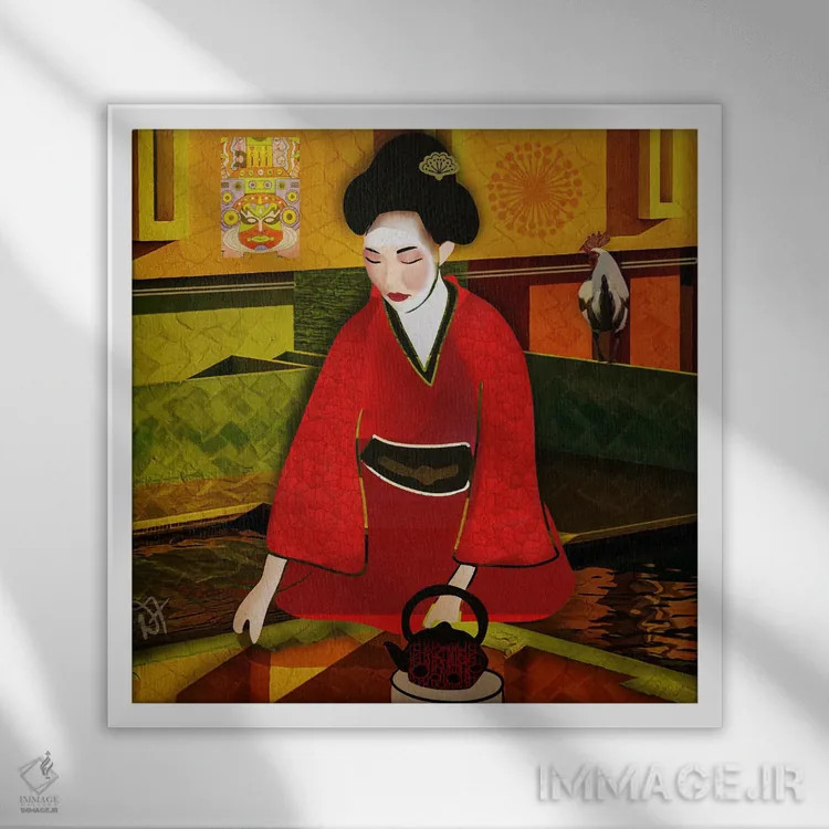 تابلو چای با گیشا اثر دارلا فرارا - نمای قابدار سفید
