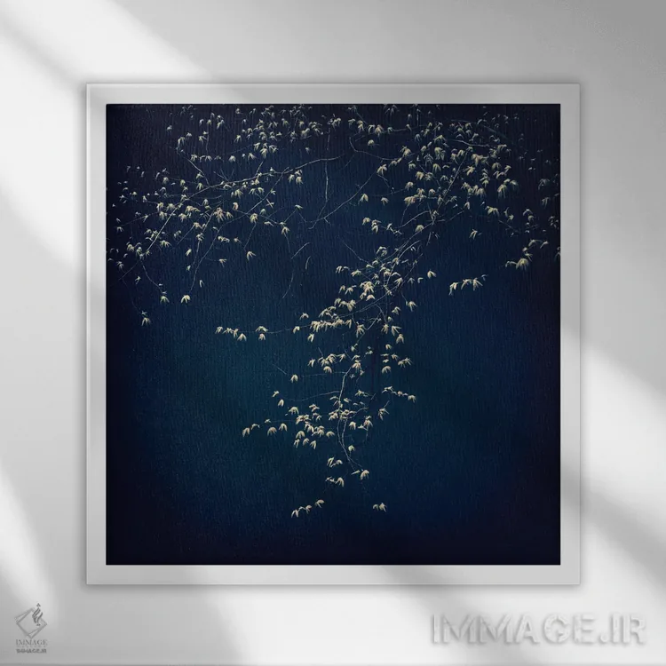 تابلو برگهای زرد بر پسزمینه آبی اثر دوریت فوگ - نمای قابدار سفید