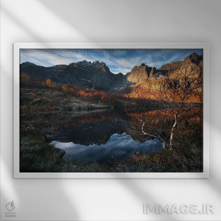 تابلو صبح پاییزی آرام در جزایر لوفوتن اثر دنیل گاستاگر - نمای قابدار سفید