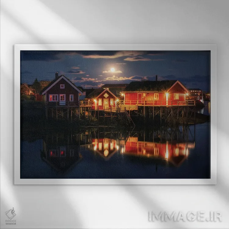 تابلو کلبههای قرمز نروژی در ساعت آبی اثر دنیل گاستاگر - نمای قابدار سفید