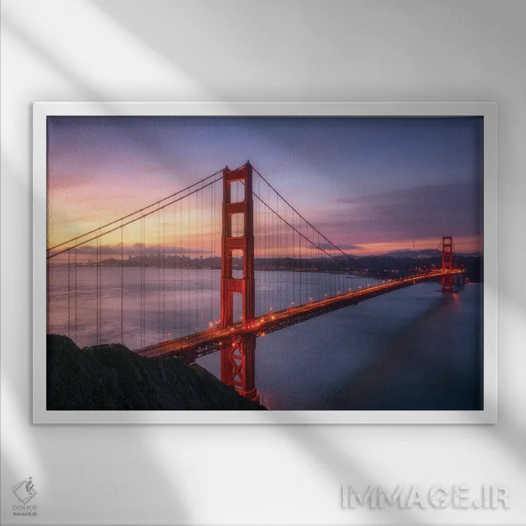 تابلو پل گلدن گیت هنگام طلوع خورشید (سانفرانسیسکو) اثر دنیل گاستاگر - نمای قابدار سفید