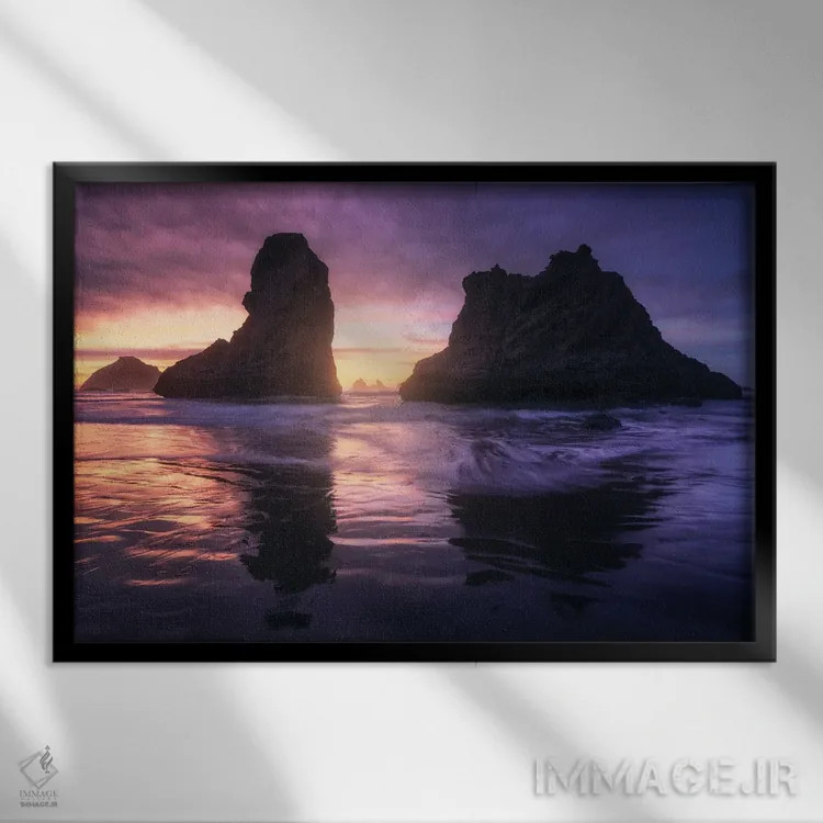 تابلو صخرههای ساحلی بندن هنگام غروب اثر دنیل گاستاگر - نمای قابدار مشکی