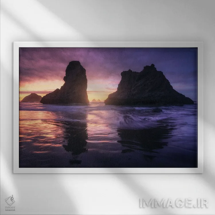 تابلو صخرههای ساحلی بندن هنگام غروب اثر دنیل گاستاگر - نمای قابدار سفید