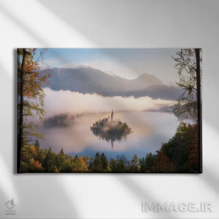 تابلو صبح پاییزی بر فراز دریاچه بلد در اسلوونی اثر دنیل گاستاگر - نمای روبهرو روی دیوار