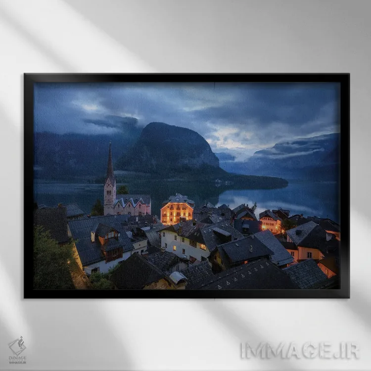 تابلو روستای هالشتات در ساعت آبی (اتریش) اثر دنیل گاستاگر - نمای قابدار مشکی