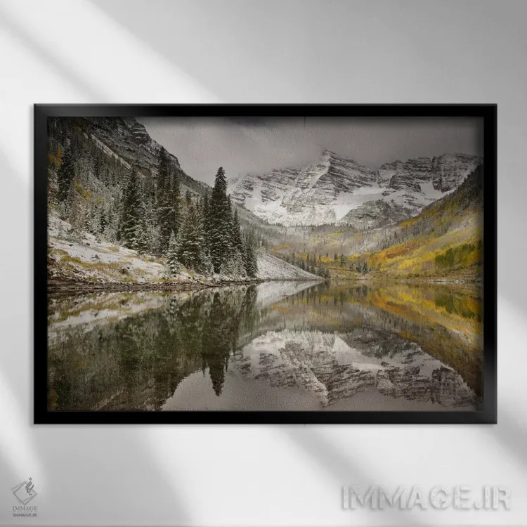 تابلو White River National Forest, Colorado, USA,کوهستان مارون بلز پوشیده از برف و انعکاس آن در دریاچه مارون، جنگل ملی وایت ریور، کلرادو، آمریکا اثر دان گرال - نمای قابدار مشکی