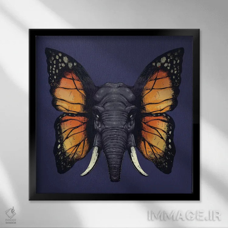 تابلو فیلپرنده (ترکیب فیل و پروانه/پرنده) اثر دیجیتال کاربین (نام هنرمند یا استودیو) - نمای قابدار مشکی