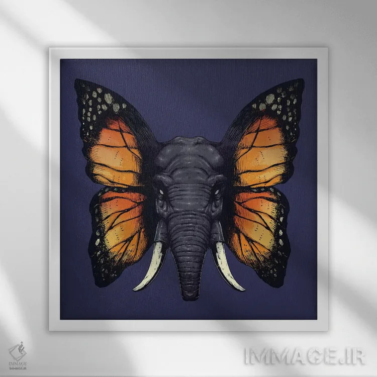 تابلو فیلپرنده (ترکیب فیل و پروانه/پرنده) اثر دیجیتال کاربین (نام هنرمند یا استودیو) - نمای قابدار سفید