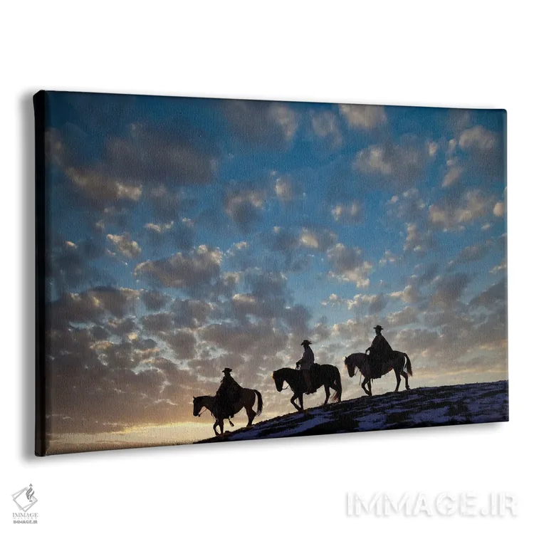 تابلو Shell, Wyoming Hideout Ranch Cowboys And Cowgirls Silhouetted Against Sunset Riding On Ridgeline I,آمریکا، شل، وایومینگ، کابویها و کابوی دختران در حال سواری سیلوئتشده مقابل غروب بر خطالرأس ۱ اثر دارل گالین - نمای پرسپکتیو محصول