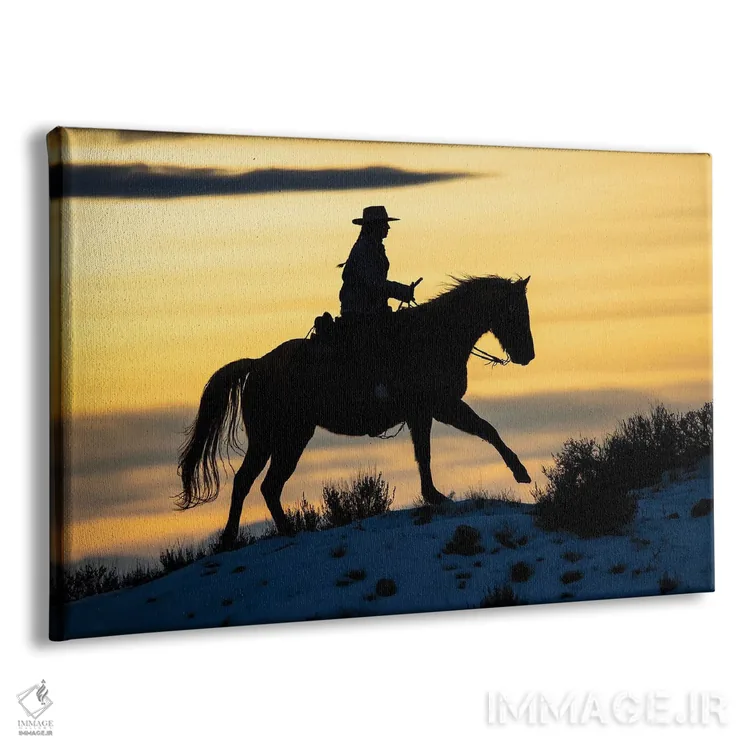 تابلو Shell, Wyoming Hideout Ranch Cowgirl Silhouetted On Horseback At Sunset I,آمریکا، شل، وایومینگ، کابوی دختر سیلوئتشده روی اسب هنگام غروب ۱ اثر دارل گالین - نمای پرسپکتیو محصول