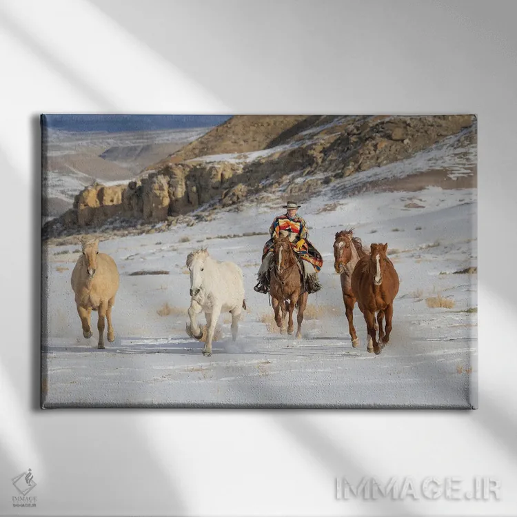 تابلو Shell, Wyoming Hideout Ranch Cowboy Riding And Herding Horses In Snow,آمریکا، شل، وایومینگ، کابوی در مزرعه هایدآوت در حال سواری و راندن اسبها در برف اثر دارل گالین - نمای روبهرو روی دیوار
