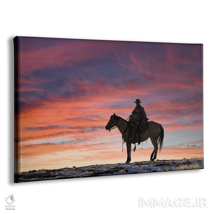 تابلو Shell, Wyoming Hideout Ranch Cowgirl Silhouetted On Horseback At Sunset II,آمریکا، شل، وایومینگ، کابوی دختر سیلوئتشده روی اسب هنگام غروب ۲ اثر دارل گالین - نمای پرسپکتیو محصول