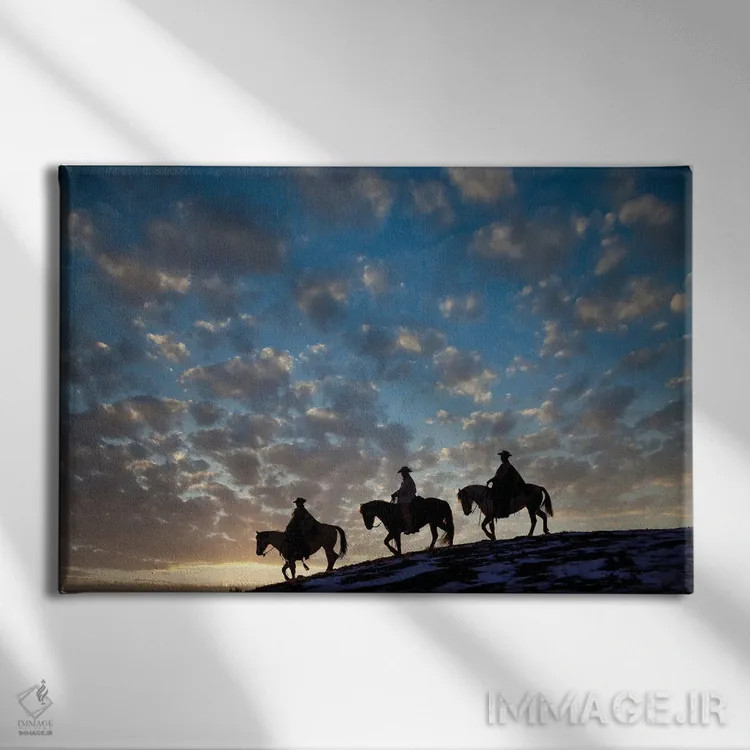 تابلو Shell, Wyoming Hideout Ranch Cowboys And Cowgirls Silhouetted Against Sunset Riding On Ridgeline I,آمریکا، شل، وایومینگ، کابویها و کابوی دختران در حال سواری سیلوئتشده مقابل غروب بر خطالرأس ۱ اثر دارل گالین - نمای روبهرو روی دیوار