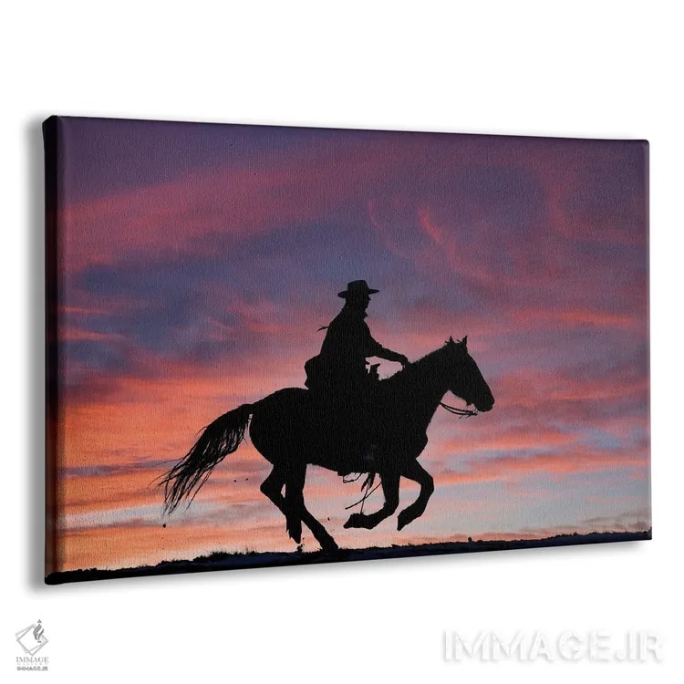 تابلو Shell, Wyoming Hideout Ranch Cowgirl Silhouetted On Horseback At Sunset III,آمریکا، شل، وایومینگ، کابوی دختر سیلوئتشده روی اسب هنگام غروب ۳ اثر دارل گالین - نمای پرسپکتیو محصول
