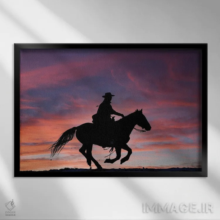 تابلو Shell, Wyoming Hideout Ranch Cowgirl Silhouetted On Horseback At Sunset III,آمریکا، شل، وایومینگ، کابوی دختر سیلوئتشده روی اسب هنگام غروب ۳ اثر دارل گالین - نمای قابدار مشکی