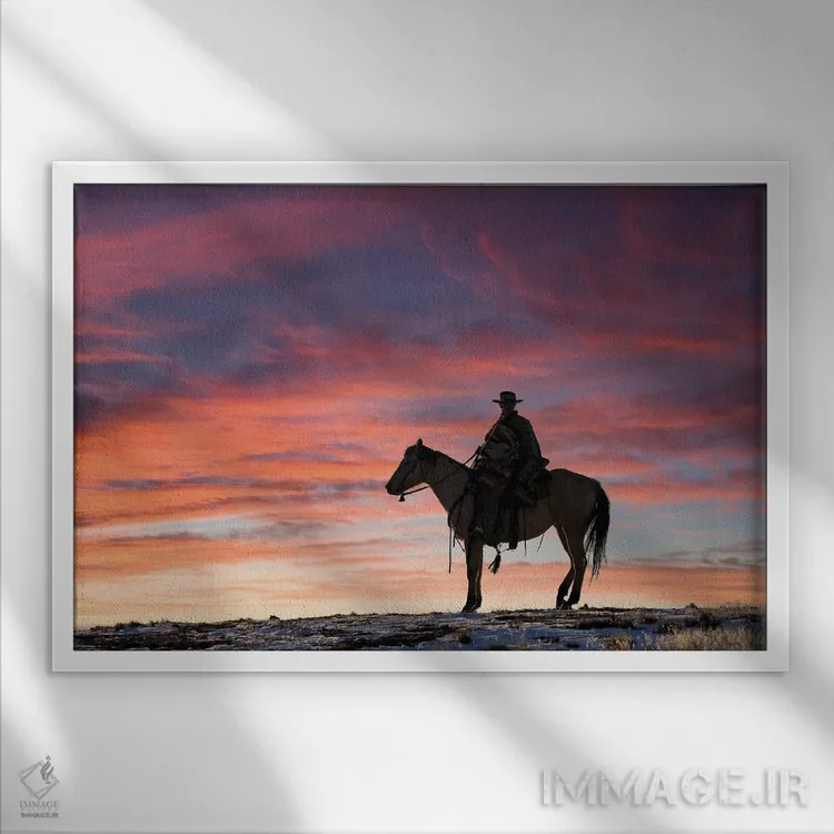 تابلو Shell, Wyoming Hideout Ranch Cowgirl Silhouetted On Horseback At Sunset II,آمریکا، شل، وایومینگ، کابوی دختر سیلوئتشده روی اسب هنگام غروب ۲ اثر دارل گالین - نمای قابدار سفید