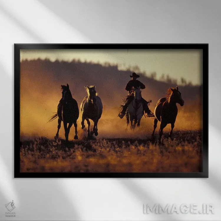 تابلو Ponderosa Ranch, Seneca, Grant County, Oregon, USA,جمعآوری اسبها، مزرعه پوندروسا، سنِکا، شهرستان گرنت، اورگن، آمریکا اثر دارل گالین - نمای قابدار مشکی