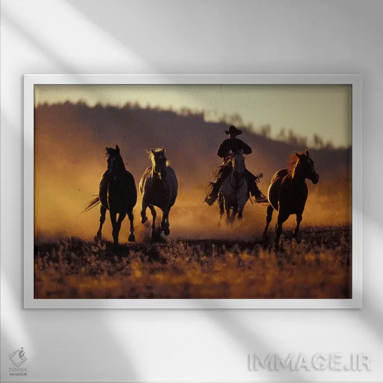تابلو Ponderosa Ranch, Seneca, Grant County, Oregon, USA,جمعآوری اسبها، مزرعه پوندروسا، سنِکا، شهرستان گرنت، اورگن، آمریکا اثر دارل گالین - نمای قابدار سفید