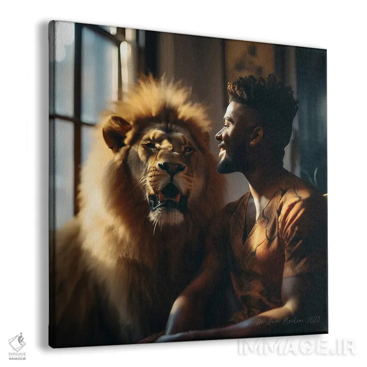 تابلو مرد و حیوان روحی گربهسان ۱ اثر دیجیتال وایلد آرت (استودیو هنری) - نمای پرسپکتیو محصول