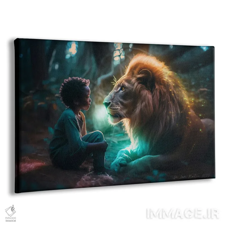 تابلو پسر و حیوان روحی گربهسان ۱ اثر دیجیتال وایلد آرت (استودیو هنری) - نمای پرسپکتیو محصول