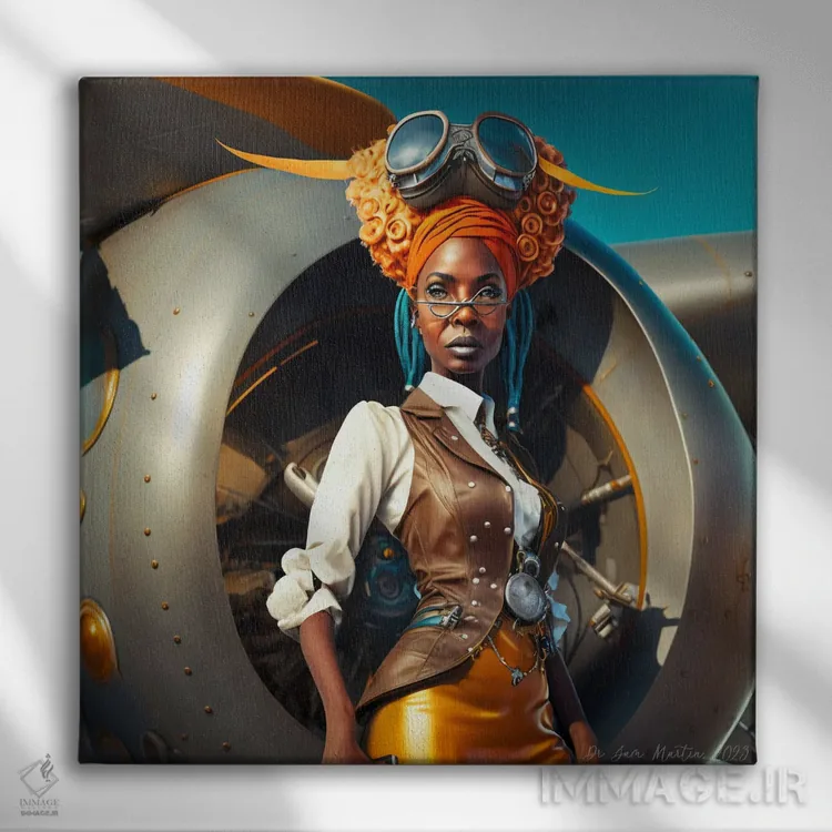 تابلو خلبان زن آفریقایی آیندهگرا ۲ اثر دیجیتال وایلد آرت (استودیو هنری) - نمای روبهرو روی دیوار