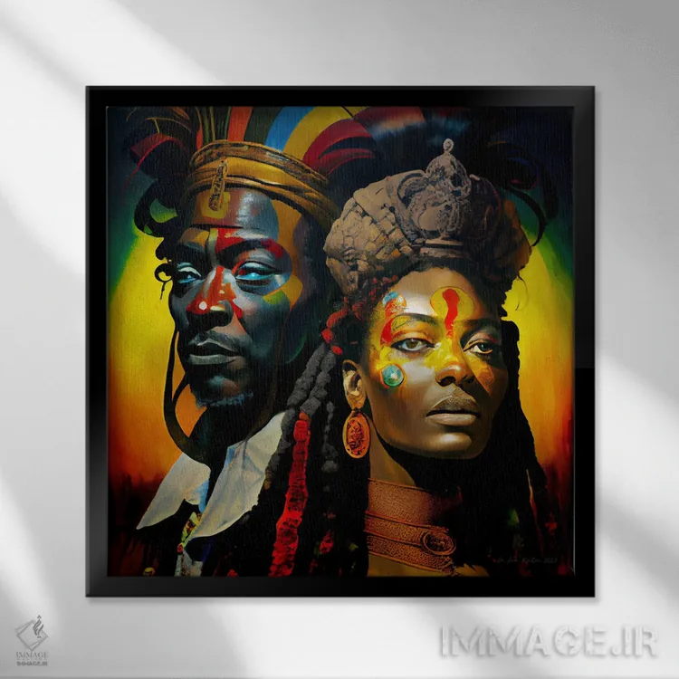 تابلو ملکه و شاه سلطنتی آفریقایی آیندهگرا ۴ اثر دیجیتال وایلد آرت (استودیو هنری) - نمای قابدار مشکی
