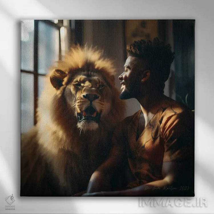 تابلو مرد و حیوان روحی گربهسان ۱ اثر دیجیتال وایلد آرت (استودیو هنری) - نمای روبهرو روی دیوار