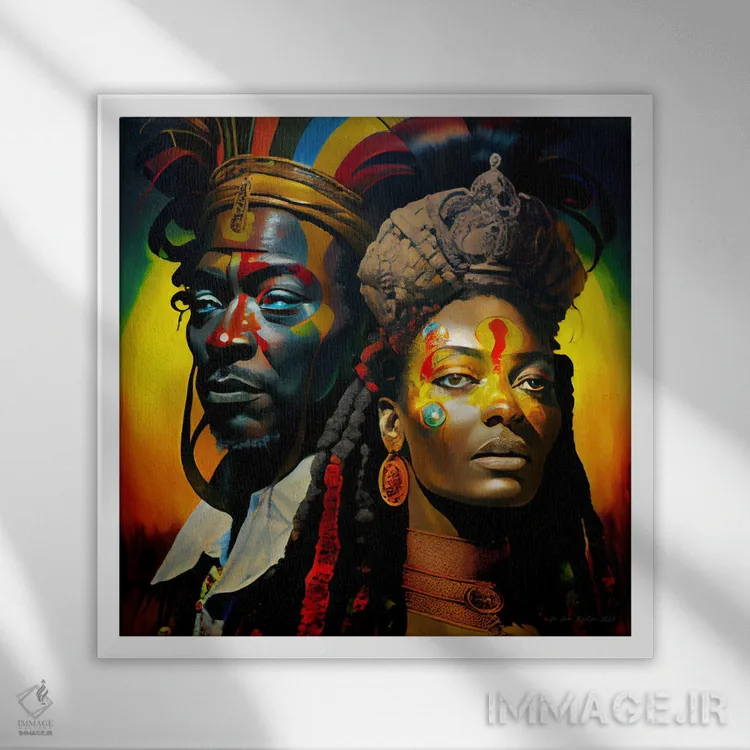 تابلو ملکه و شاه سلطنتی آفریقایی آیندهگرا ۴ اثر دیجیتال وایلد آرت (استودیو هنری) - نمای قابدار سفید
