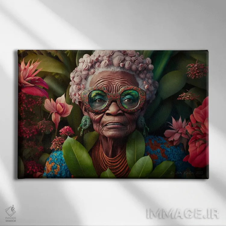 تابلو مادربزرگ آفریقایی رترو فیوچریست اثر دیجیتال وایلد آرت (استودیو هنری) - نمای روبهرو روی دیوار
