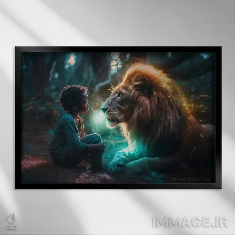 تابلو پسر و حیوان روحی گربهسان ۱ اثر دیجیتال وایلد آرت (استودیو هنری) - نمای قابدار مشکی