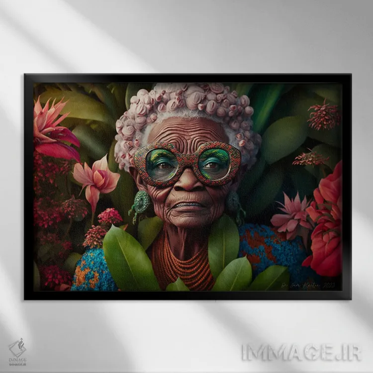 تابلو مادربزرگ آفریقایی رترو فیوچریست اثر دیجیتال وایلد آرت (استودیو هنری) - نمای قابدار مشکی